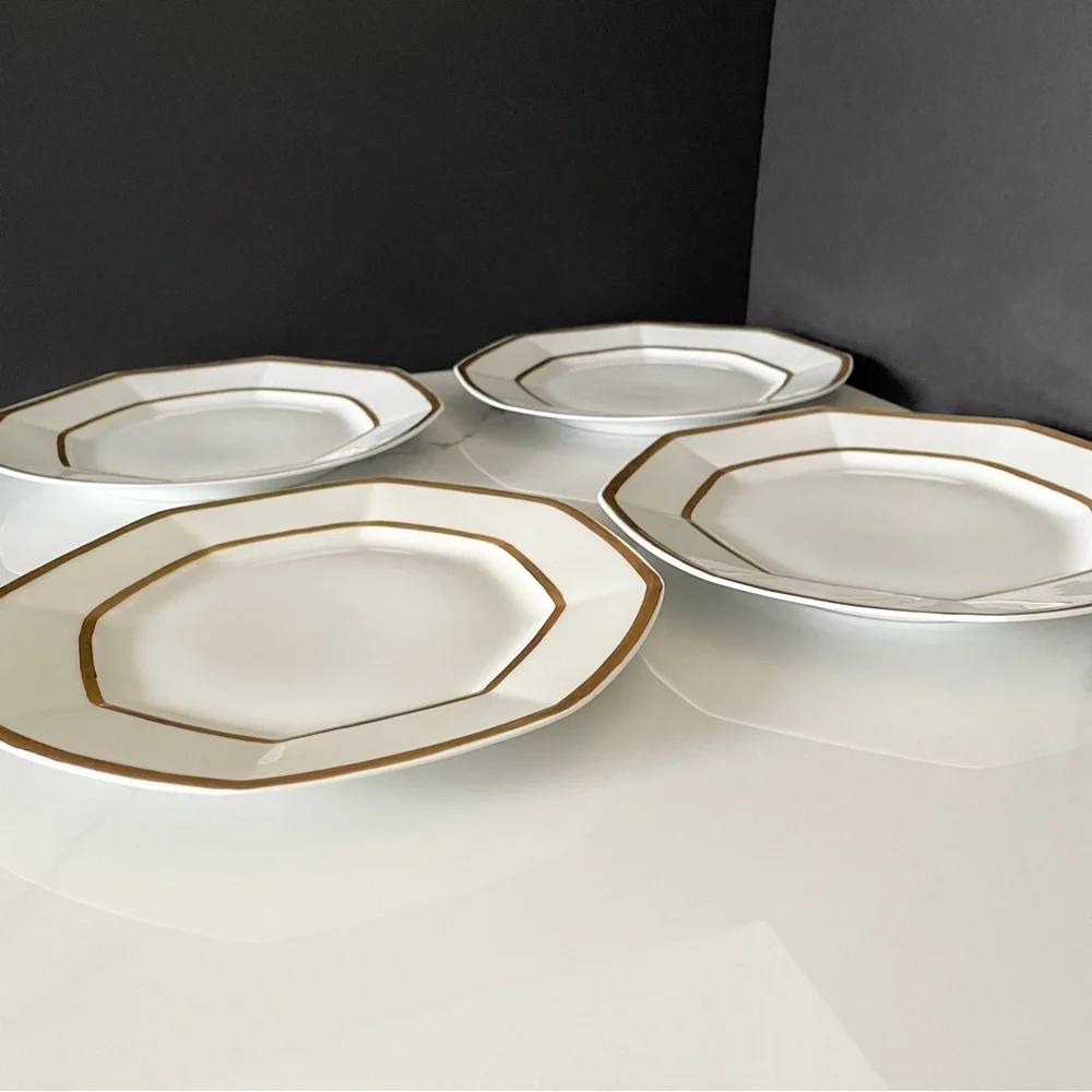 SET of 4 Gold & White Octagon Luncheon Plates - Guerin Limoges